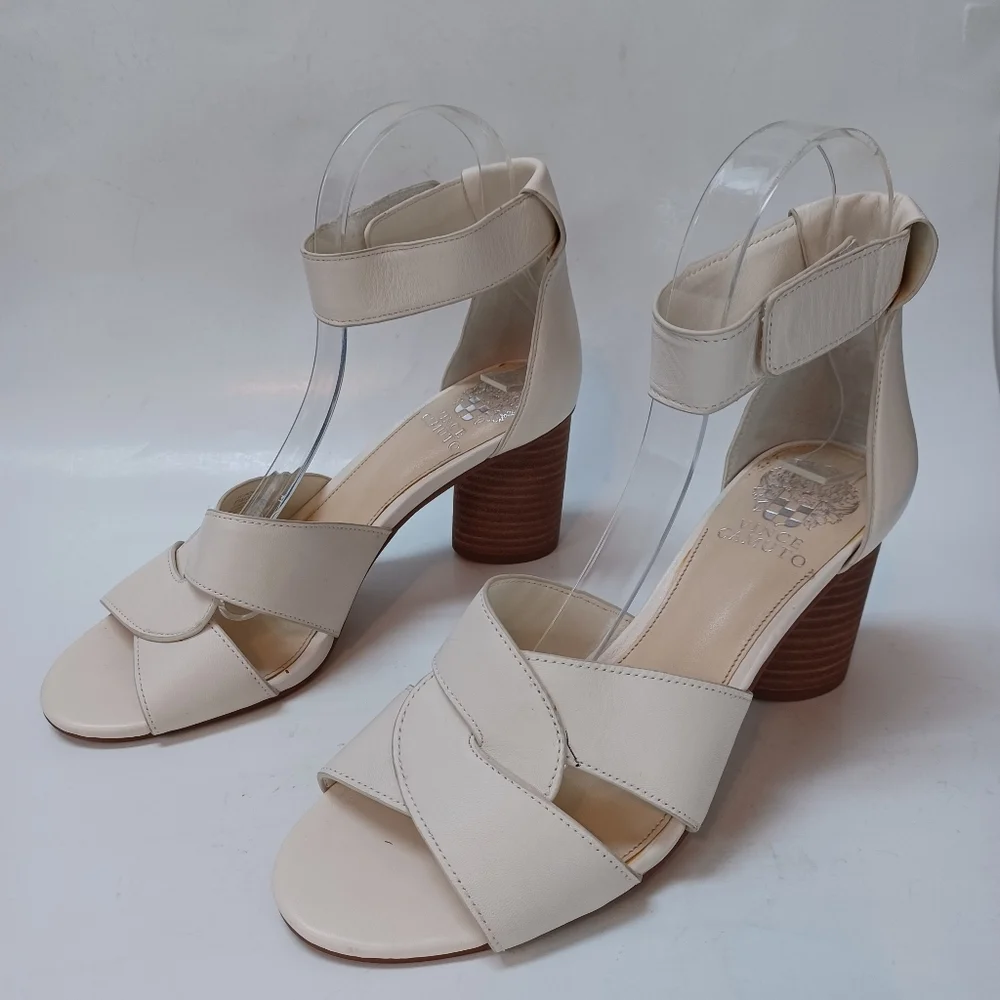 Vince‎ Camuto Heels White Strappy Ankle Wrap Stacked Heel Sandals Womens 8.5 NEW